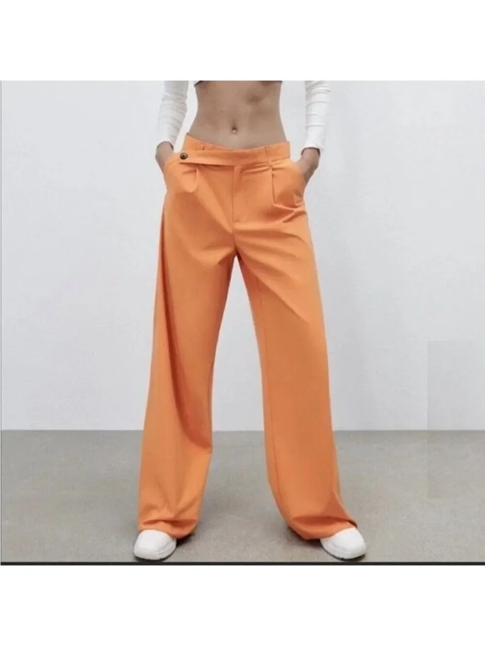 Zara Vibrant Orange  Pumpkin Full length Asymmetrical Waist Wide-Leg Pants M